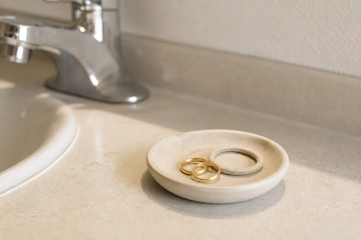 A small ceramic ring dish near a bathroom sink holding two rings and a hair tie, simple and styled, the counter around it clear, soft daylight catching the chrome faucet