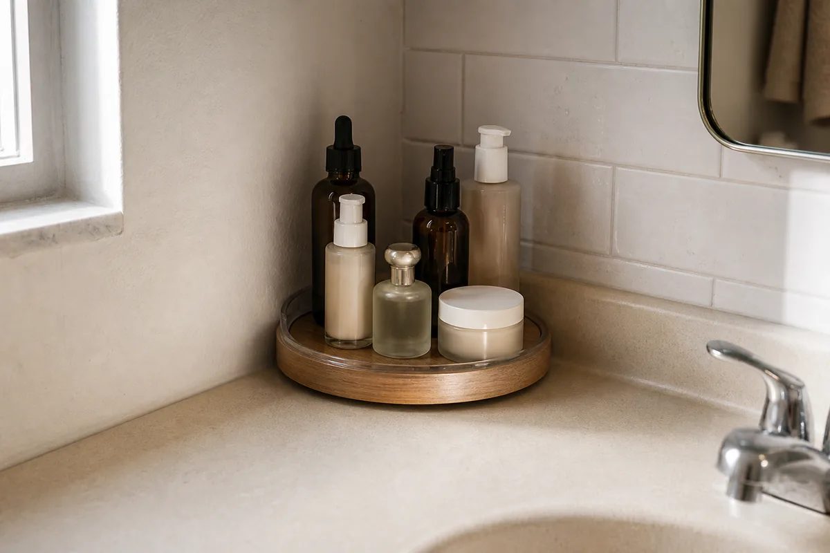 A small wooden turntable in the back corner of a bathroom counter holding five or six plain skincare and perfume bottles, spun slightly so the back row faces forward, counter edge and chrome faucet visible