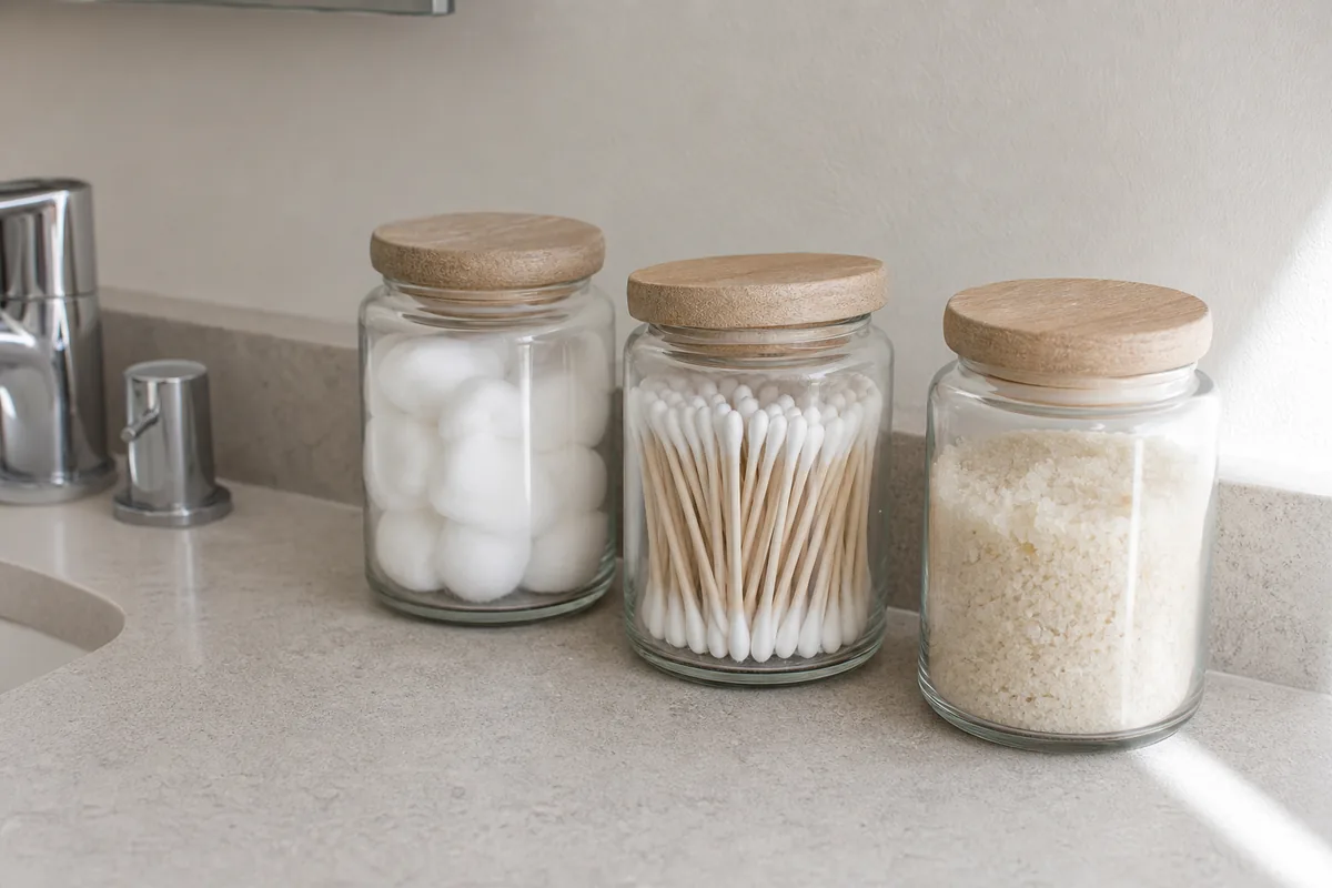 Three matching lidded glass apothecary jars on a bathroom counter holding cotton balls, cotton swabs, and bath salts, contents visible through clear glass, lids resting on top, soft daylight