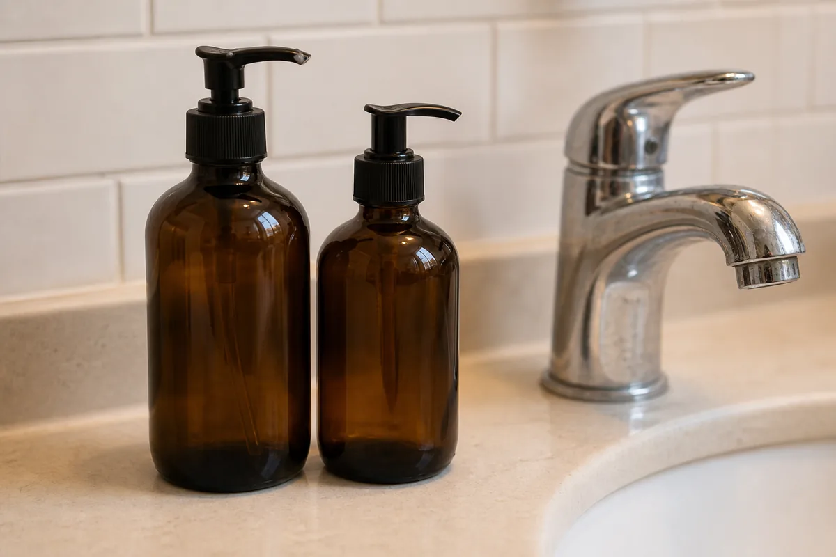 Close shot of a matched amber-glass soap and lotion pump pair beside a chrome bathroom faucet, plain unlabeled bottles, a faint water spot on the faucet, clean calm counter