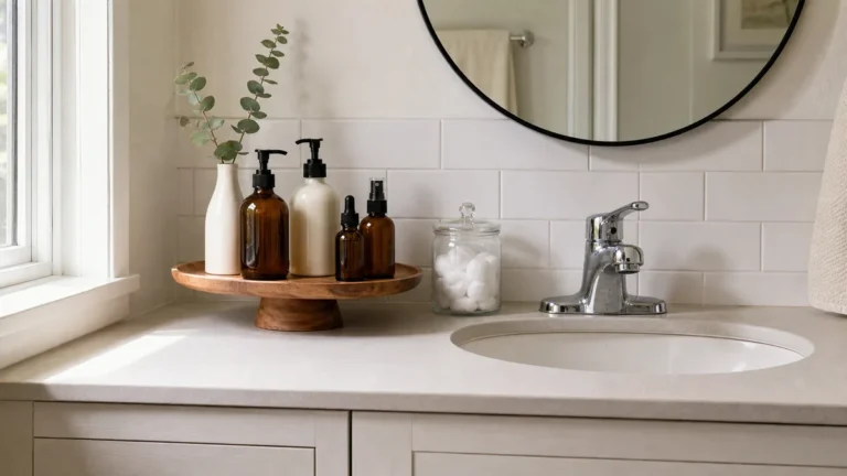 A small US apartment bathroom vanity counter styled calm, a low wooden pedestal tray holding four matched cream and amber bottles with a single eucalyptus stem in a bud vase, a lidded glass jar of cotton balls to one side, the rest of the counter mostly bare, soft daylight from a side window, white subway-tile wall and a chrome faucet