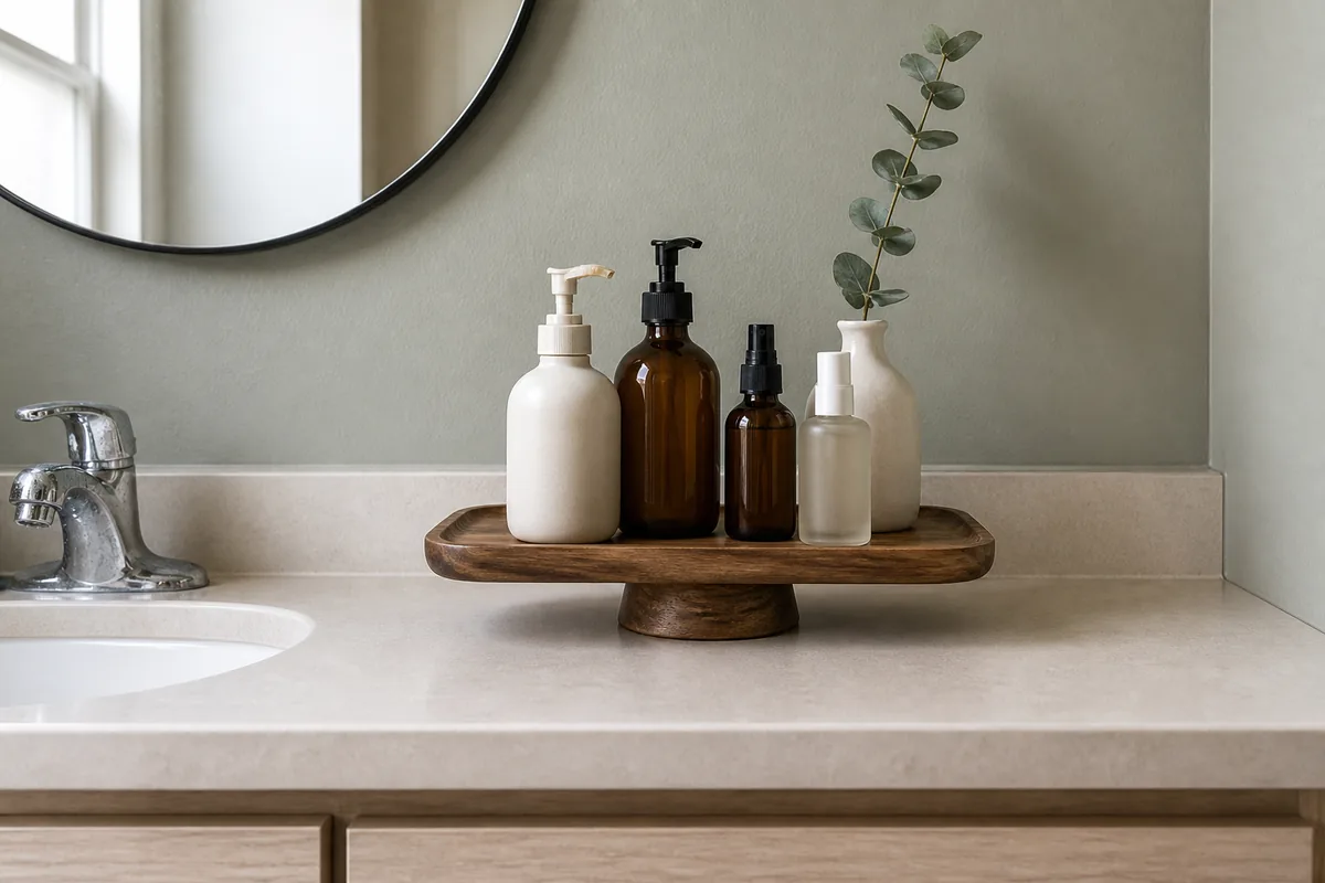 Bathroom counter with a low wooden pedestal tray holding four daily-use bottles and a small ceramic bud vase, the surrounding counter surface mostly bare, chrome faucet beside it, soft window light