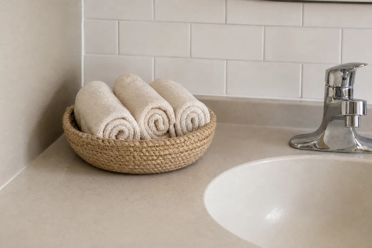 A small woven basket beside a bathroom sink holding two or three rolled cream hand towels, soft texture, the counter calm around it, plain wall behind