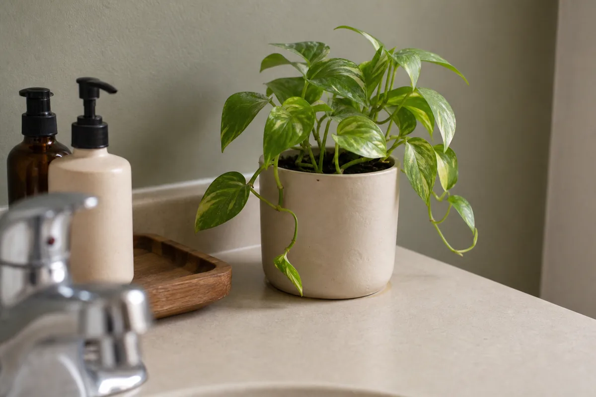 A small trailing pothos plant in a plain ceramic pot on a bathroom counter as the tallest element beside the styled tray, soft daylight, calm clear surface