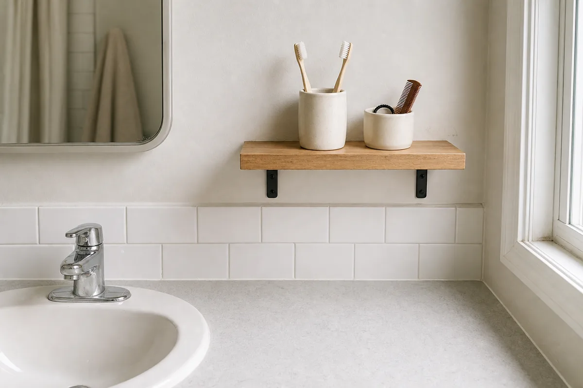A narrow wall-mounted ledge above a bathroom backsplash holding a ceramic toothbrush cup and a small cup of daily items, visible mounting brackets, the counter below clear of clutter, chrome faucet
