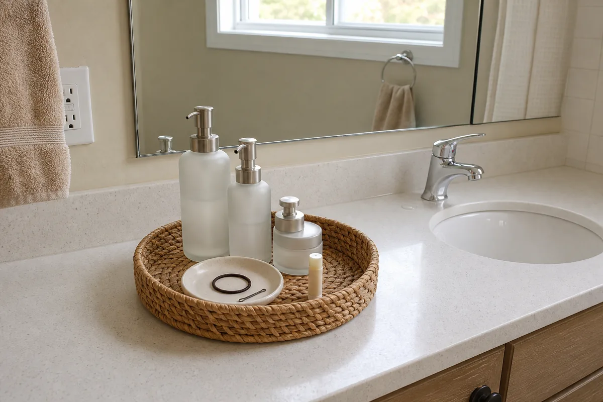 A vanity counter cleared of clutter except for a single round woven seagrass tray holding two cream pump bottles and a small ceramic dish, with a chrome faucet behind and a mirror reflecting a crooked hand towel