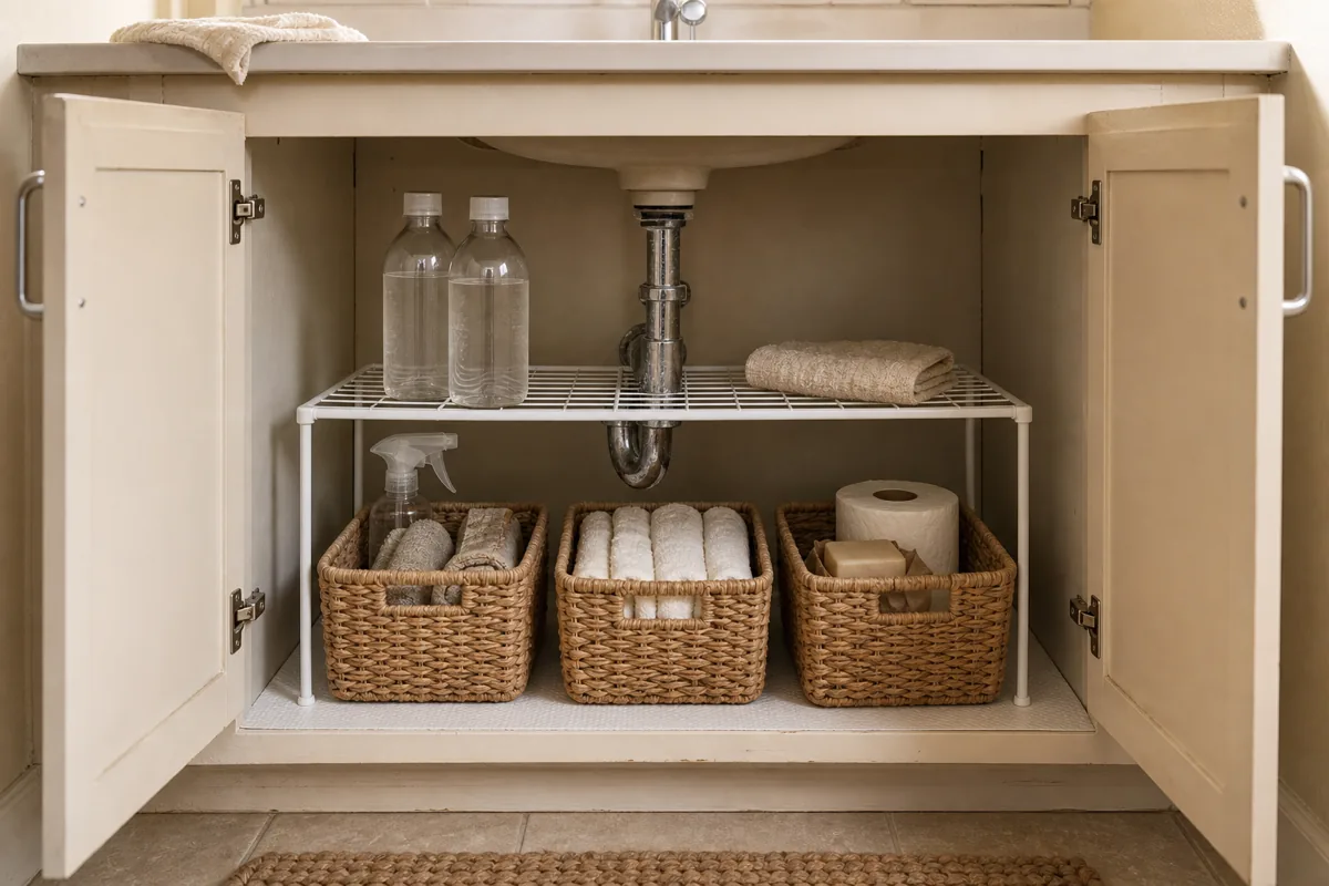 An open bathroom under-sink cabinet with both doors open showing a white wire two-tier riser framing the chrome P-trap pipe, the upper tier holding two clear bottles and a folded washcloth, three woven natural-fiber storage baskets lined up on the lower shelf