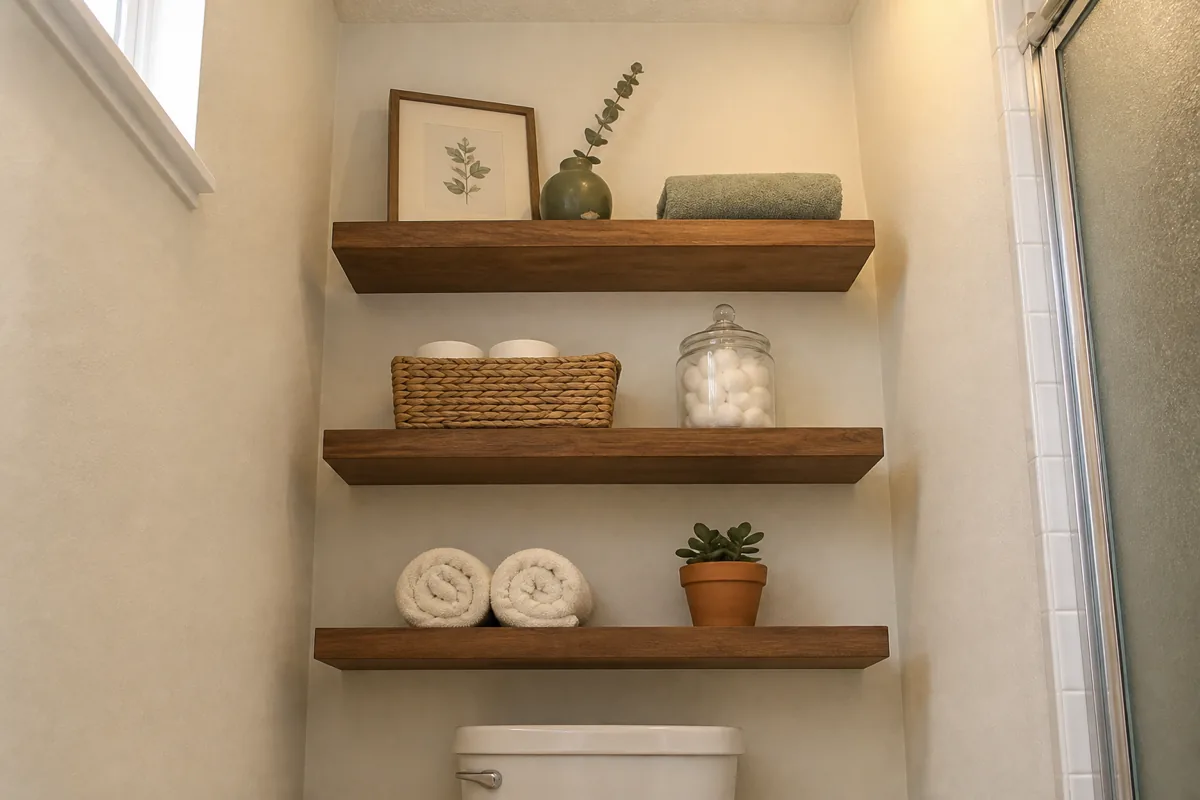 A wall above a standard residential toilet with three warm-walnut wood floating shelves mounted at distinct heights against a cream-painted drywall, the lowest holding rolled cream towels plus a small terracotta succulent, the middle a woven basket of toilet paper plus a glass apothecary jar, the highest a small framed botanical line drawing plus a small green ceramic vase with dried eucalyptus and a folded sage washcloth