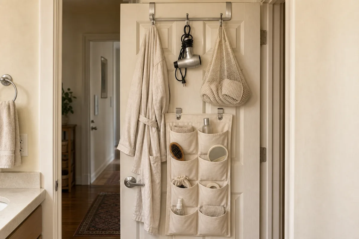 The inside face of an open bathroom door showing a brushed chrome over-door hanger at the top holding a cream linen robe, a hair dryer with its cord wrapped, and a cotton mesh laundry bag; below it a cream cotton 8-pocket fabric organizer hanging from a second over-door hanger holding small items in each pocket; the door opening onto a hallway