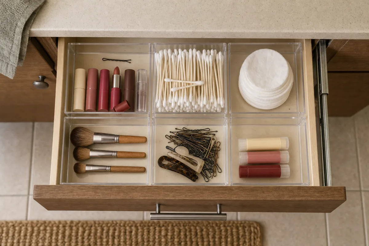 A bathroom vanity top drawer pulled fully open shown from directly above with six warm-walnut wood compartment dividers organizing five lipsticks standing vertically, dense cotton swabs on end, stacked cotton pads, three horizontal makeup brushes, a small pile of bobby pins, and three lip balm tubes lying horizontally