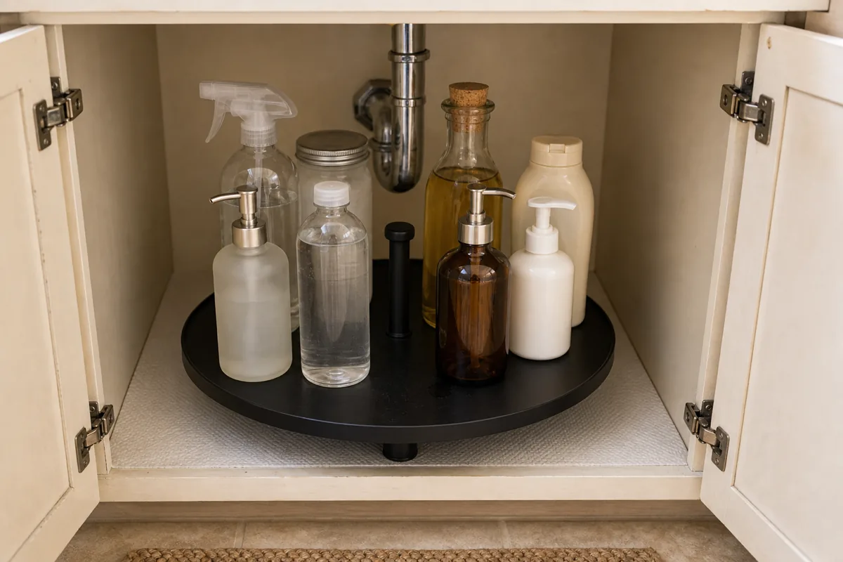 A bathroom under-sink cabinet open showing a 14-inch matte black metal lazy susan disc set in front of the chrome P-trap pipe, with five varied bottles arranged around the perimeter — a frosted glass pump, a tall clear plastic spray bottle, a brown apothecary glass with pump, a short opaque white pump, and a tall amber-clear glass with cork stopper