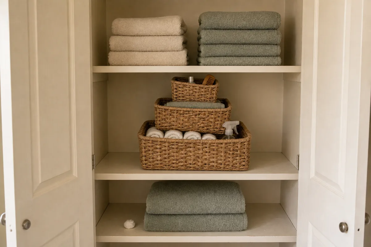 An open apartment linen closet with three painted wood shelves, the middle shelf holding three woven natural-fiber bins stacked in clearly graduated sizes — a large 16-inch bottom bin, a medium 12-inch middle bin, and a small 8-inch top bin — creating a staircase silhouette; the upper shelf holds folded cream face towels on the left and folded sage hand towels on the right; the lower shelf holds two folded sage bath sheets
