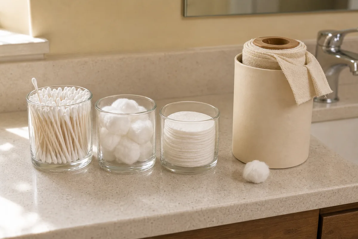 A bathroom counter close-up showing three plain unembossed clear glass canisters with visibly open tops holding cotton swabs standing on end, loose cotton balls, and stacked cotton pads, plus one tall cream paper-tube container with an open top revealing a wooden roll core wound with cream muslin makeup-remover cloths, all in soft morning daylight
