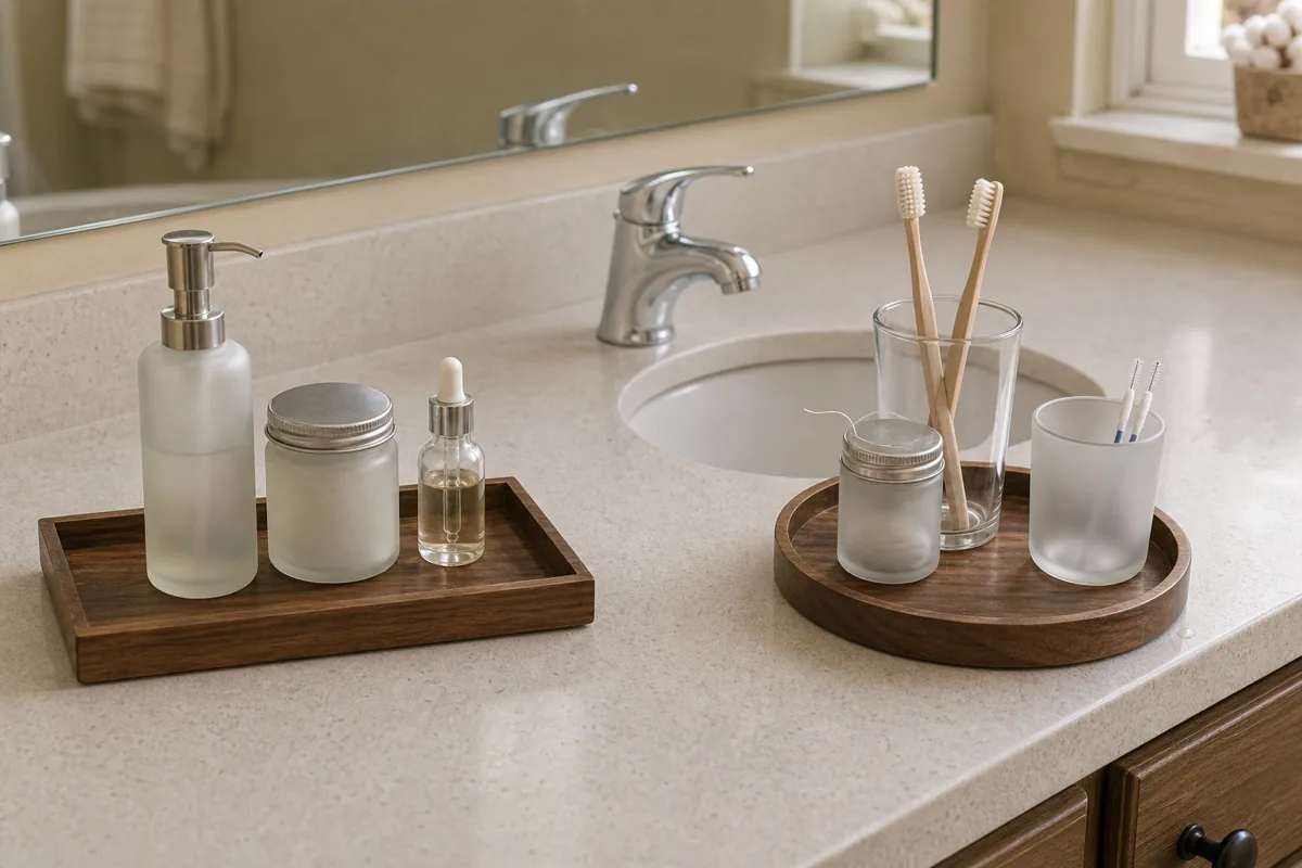 A bathroom vanity counter shot from a slight overhead angle showing two distinct trays separated by a clear counter gap — a left warm-walnut rectangular tray holding three skincare items (a tall frosted pump bottle, a medium frosted jar, a small clear dropper bottle) and a right round warm-walnut tray holding three oral-care items (a clear glass cup with two toothbrushes vertical, a small frosted jar of floss, a small cup with interdental brushes); chrome faucet centerback