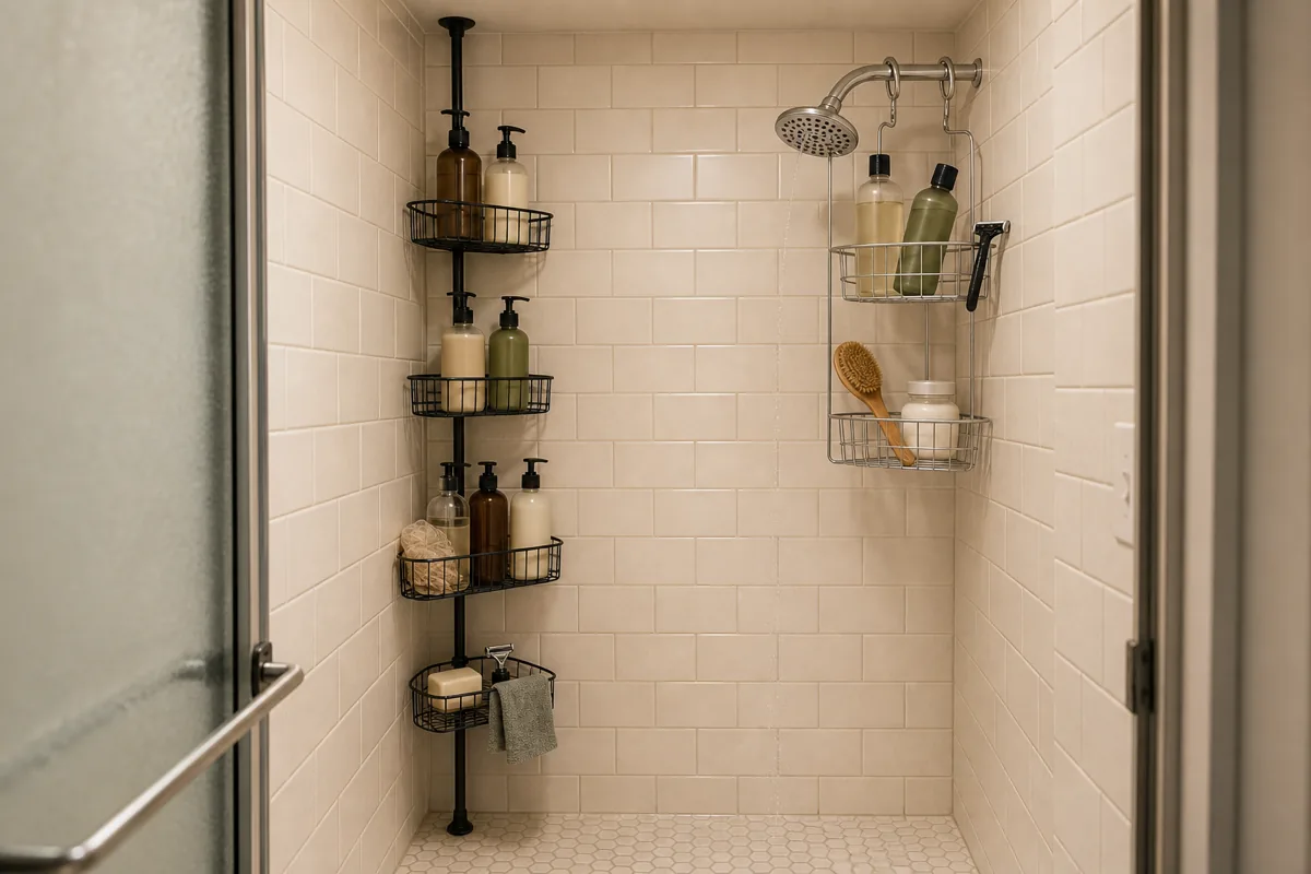 A shower stall framed by cream subway tile walls showing two caddy systems simultaneously — a matte black metal tension pole running from ceiling to floor in the left corner with four wire baskets attached at distinct heights holding shampoos, conditioners, body washes, a loofah, and a bar of soap with a razor; on the right a brushed-chrome 2-tier caddy hanging from the shower head via two visible chrome S-hooks looping over the shower arm, holding more bottles and a body brush