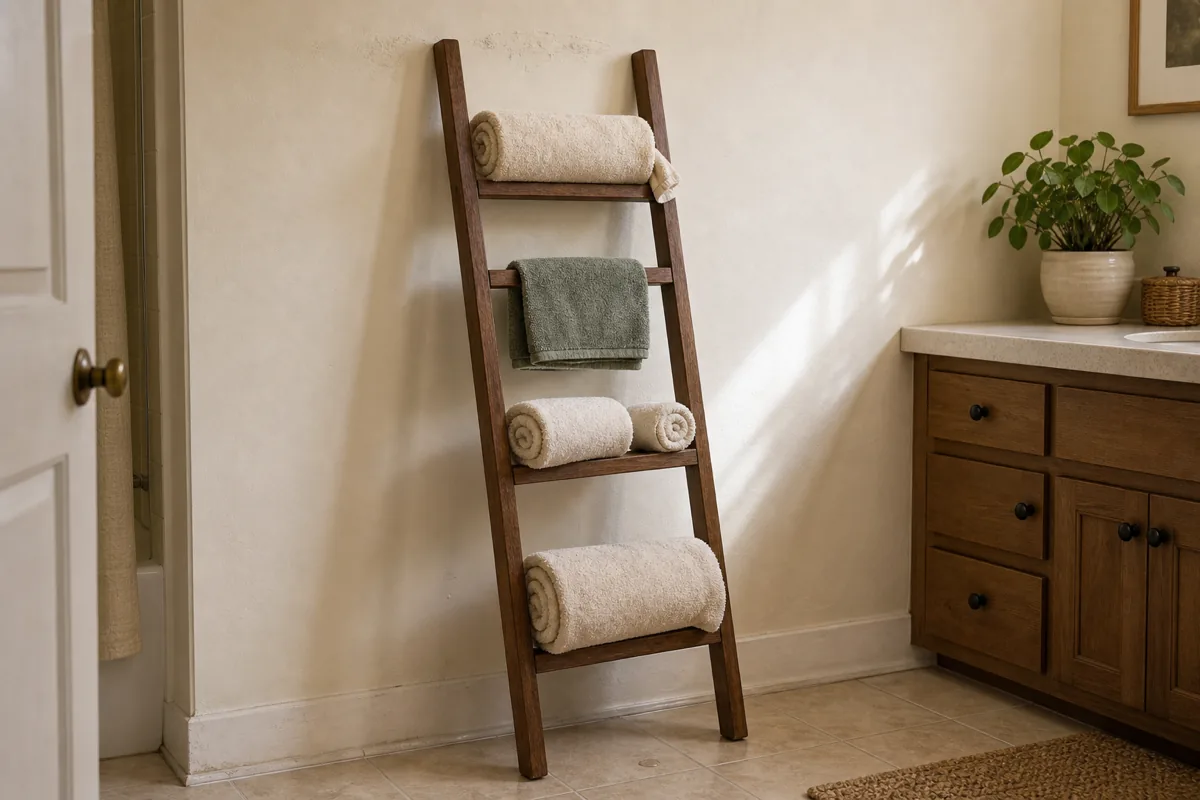 A warm-walnut wood leaning ladder propped against a cream-painted drywall in a bathroom corner at a clear 75-80-degree angle, the top resting against the wall and the bottom feet about 8 inches forward on the tile floor creating a visible leaning triangle, four rectangular rungs holding one folded sage face towel on top, one rolled cream hand towel on the second rung, two rolled cream towels on the third, and a larger cream rolled bath sheet on the bottom; an adjacent wood vanity at right with a small plant on top