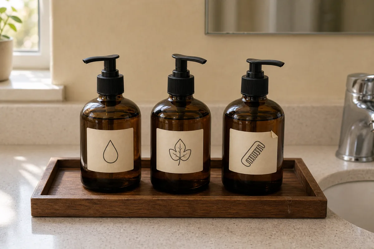 A close detail shot of three amber-colored glass pump bottles in a row on a warm-walnut wood tray, each bottle wearing a cream-colored rectangular adhesive label showing only a single icon — the left bottle has a hand-drawn water-drop icon, the middle bottle has a single 3-lobed leaf icon, the right bottle has a 5-tooth flat comb icon; matte black plastic pump tops; soft warm daylight from a left-side window highlighting the amber bottle shoulders