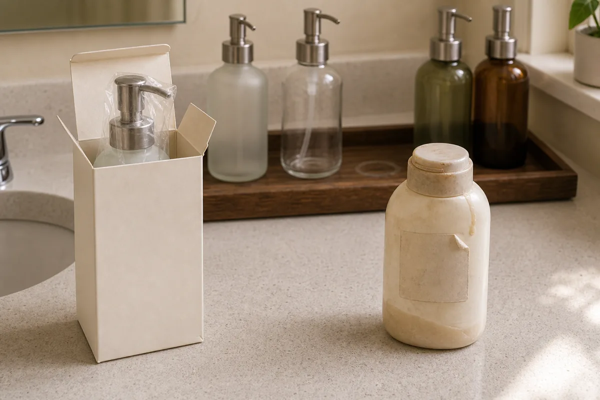 A bathroom counter showing a one-in-one-out exchange — a crisp white cardboard product box on the left with a brand-new frosted-glass pump bottle peeking out the open top, a clearly-worn cream squat squeeze bottle in the center-right showing discoloration near the cap and a peeling label corner, with a warm-walnut tray of other bottles in soft-focus background waiting