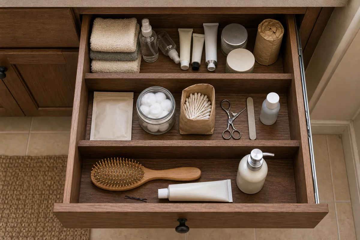 A top-down view of a deeper bathroom vanity middle drawer pulled fully open showing three rectangular front-to-back zones separated by two prominent warm-walnut wood divider walls about 2.5 inches tall running across the full drawer width, the front zone holding a wood hairbrush, a tube and a small pump, the middle zone holding a small bag, a glass jar of cotton balls, a cotton swab box, cosmetic scissors, and a nail file, the back zone densely packed with backup items including folded washcloths, spray bottles, jars, and tubes