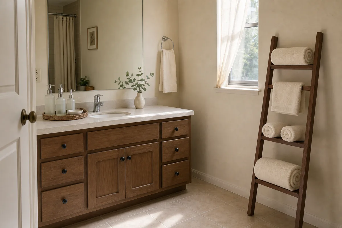 A wide pull-back shot of a real apartment bathroom in clear post-Sunday-reset state — a warm-walnut vanity with one round woven seagrass tray holding three frosted glass pump bottles and a small ceramic dish, a small cream ceramic bud vase holding a single sprig of fresh sage eucalyptus, a chrome towel ring with one perfectly hung clean cream cotton hand towel, a warm-walnut leaning ladder against the right wall holding four fresh towels at distinct rungs, a small window with cream sheer linen curtain pulled half-open admitting soft warm Sunday late-morning natural daylight