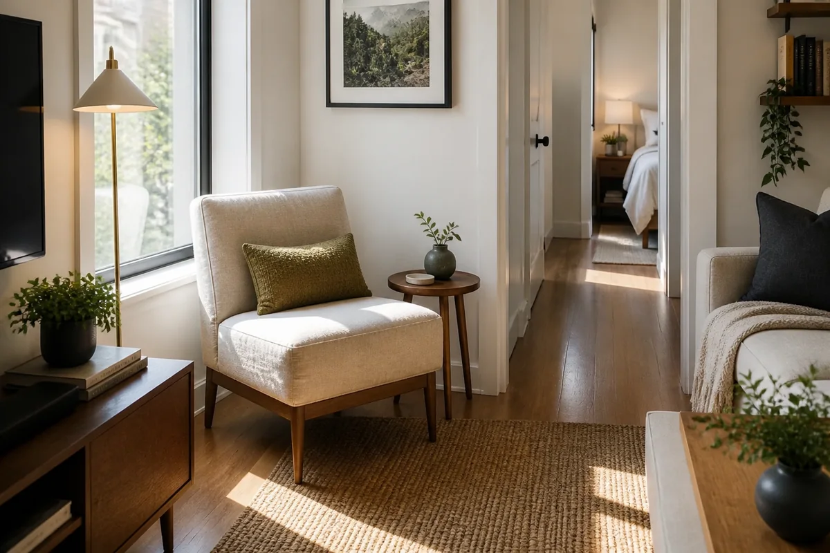 Compact room with an armless accent chair placed near an open walkway.