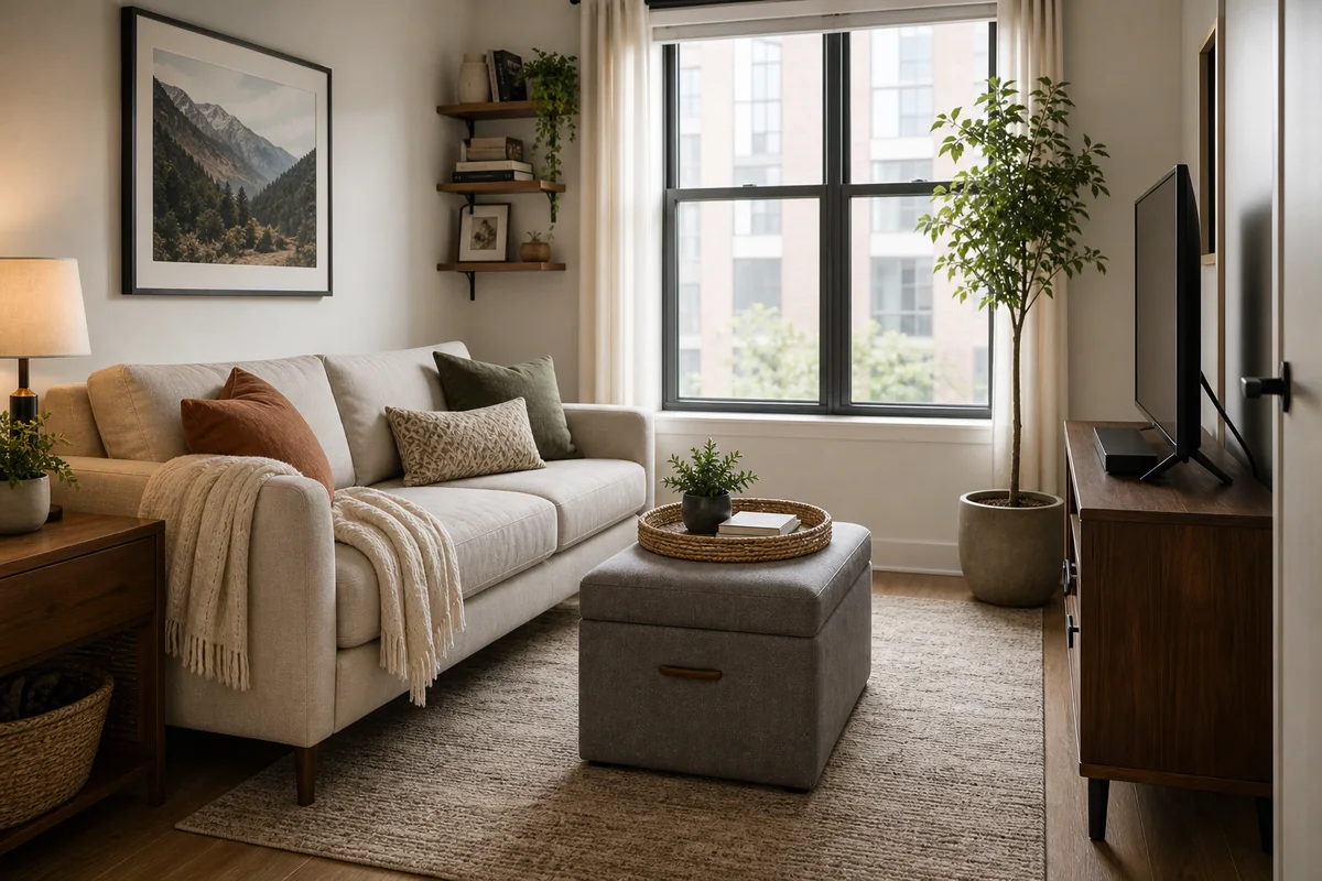 Edited small room with practical furniture, open walking space, and no extra rarely used pieces.