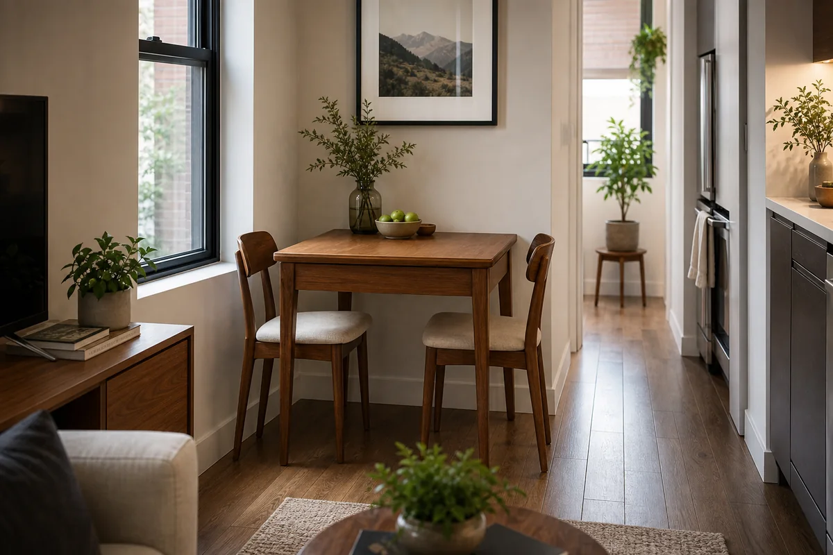 Small dining nook with an extendable table collapsed to a narrow everyday footprint.