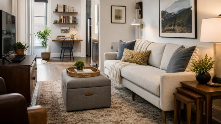 Small apartment living area with slim furniture, open walkways, and storage pieces chosen for small spaces.