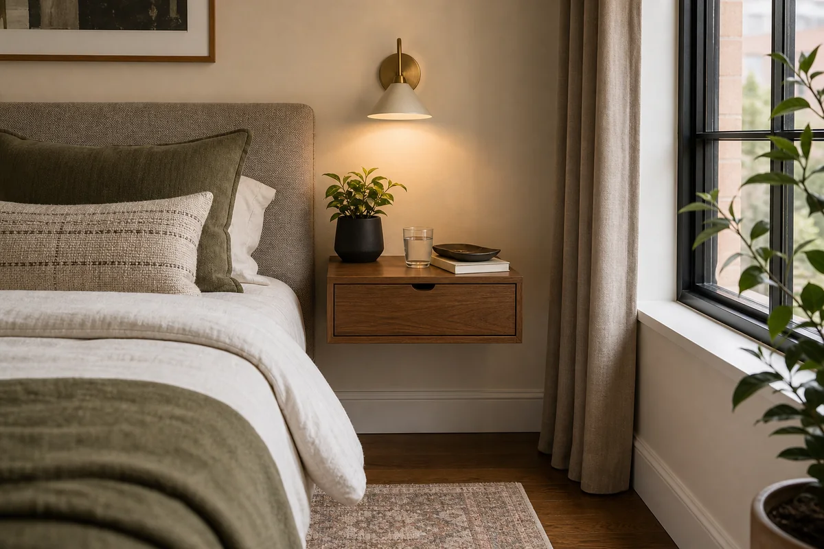 Small bedroom with floating bedside storage that keeps floor space open beside the bed.