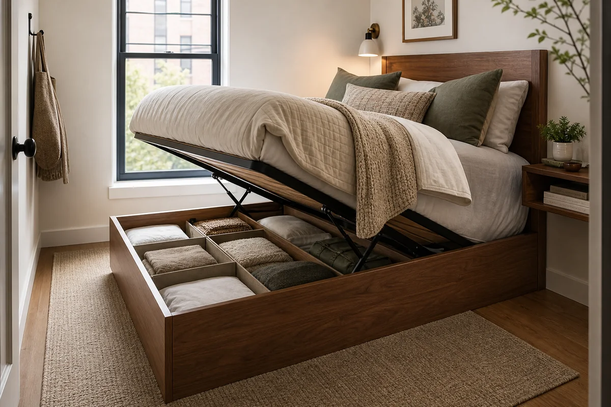 Small bedroom with a lift-up storage bed used where side drawer clearance is tight.