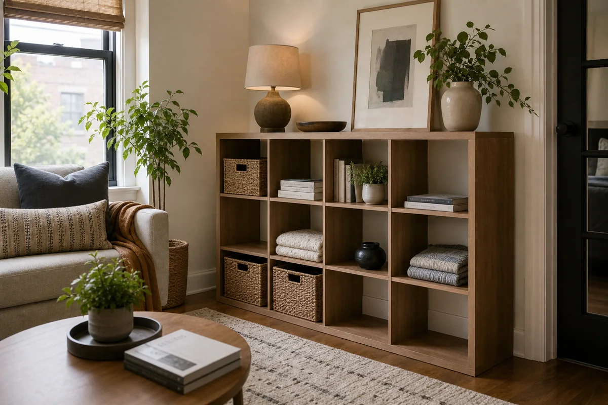 Modular cube storage in a small room with closed bins and edited open shelves.