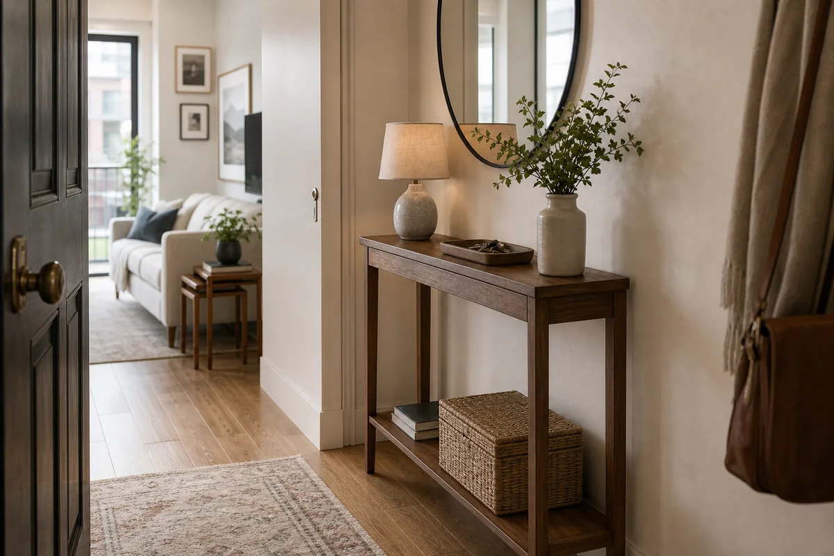 Small entryway with a narrow console that keeps the walkway open.
