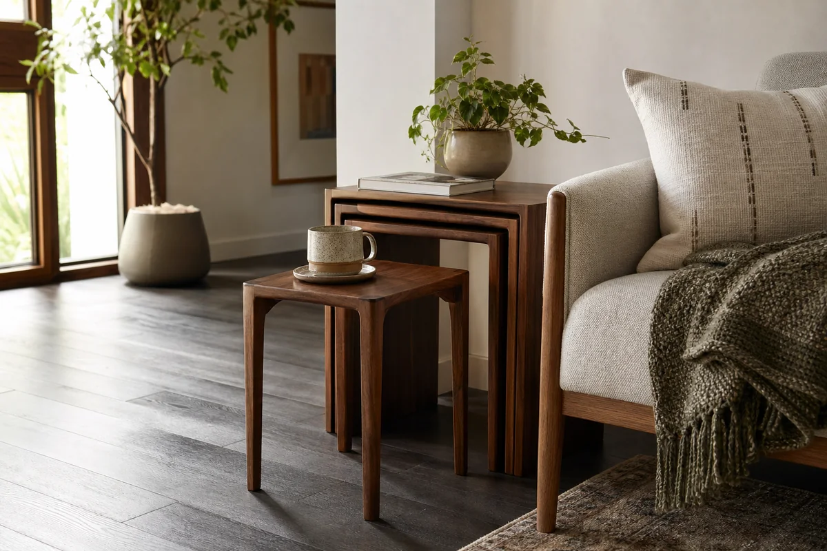 Compact seating area with nesting tables that tuck together beside a sofa.