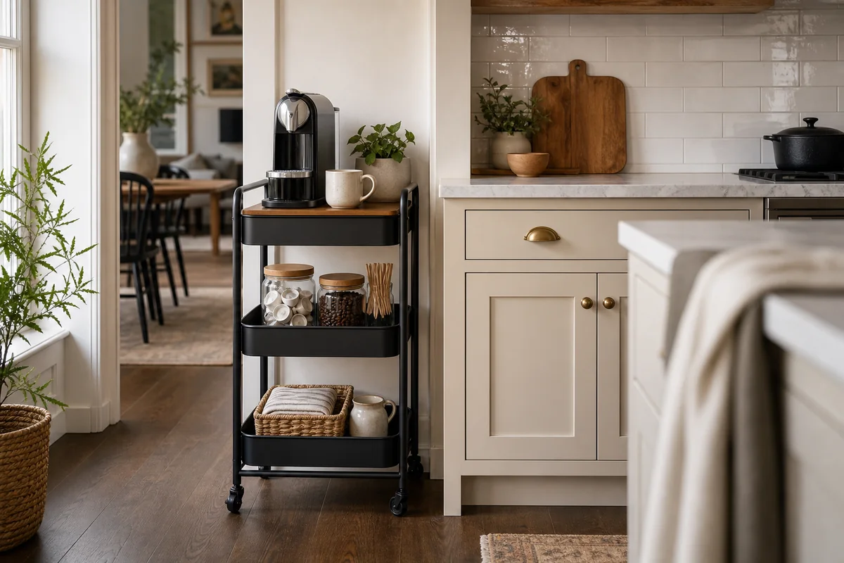 Slim rolling cart organized for one clear small-space storage job.