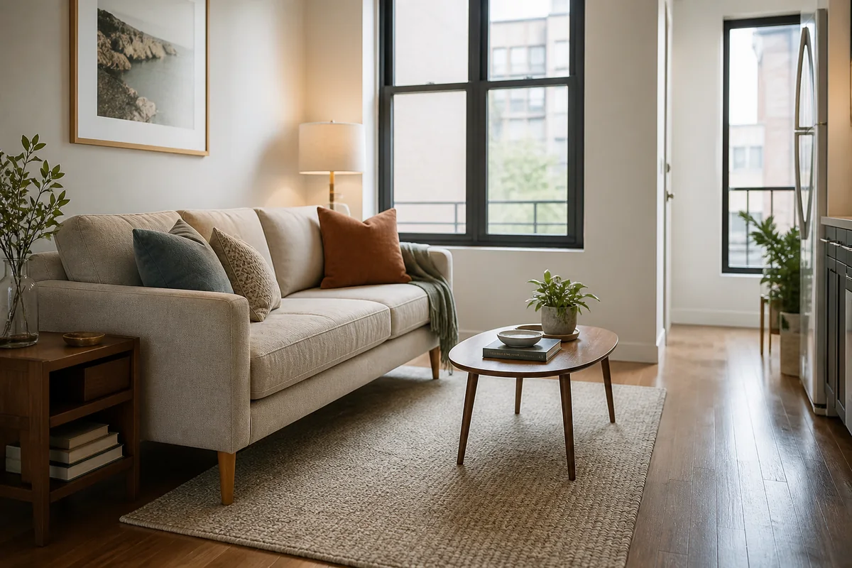 Small living room with a slim sofa on visible legs and open floor space around the seating area.
