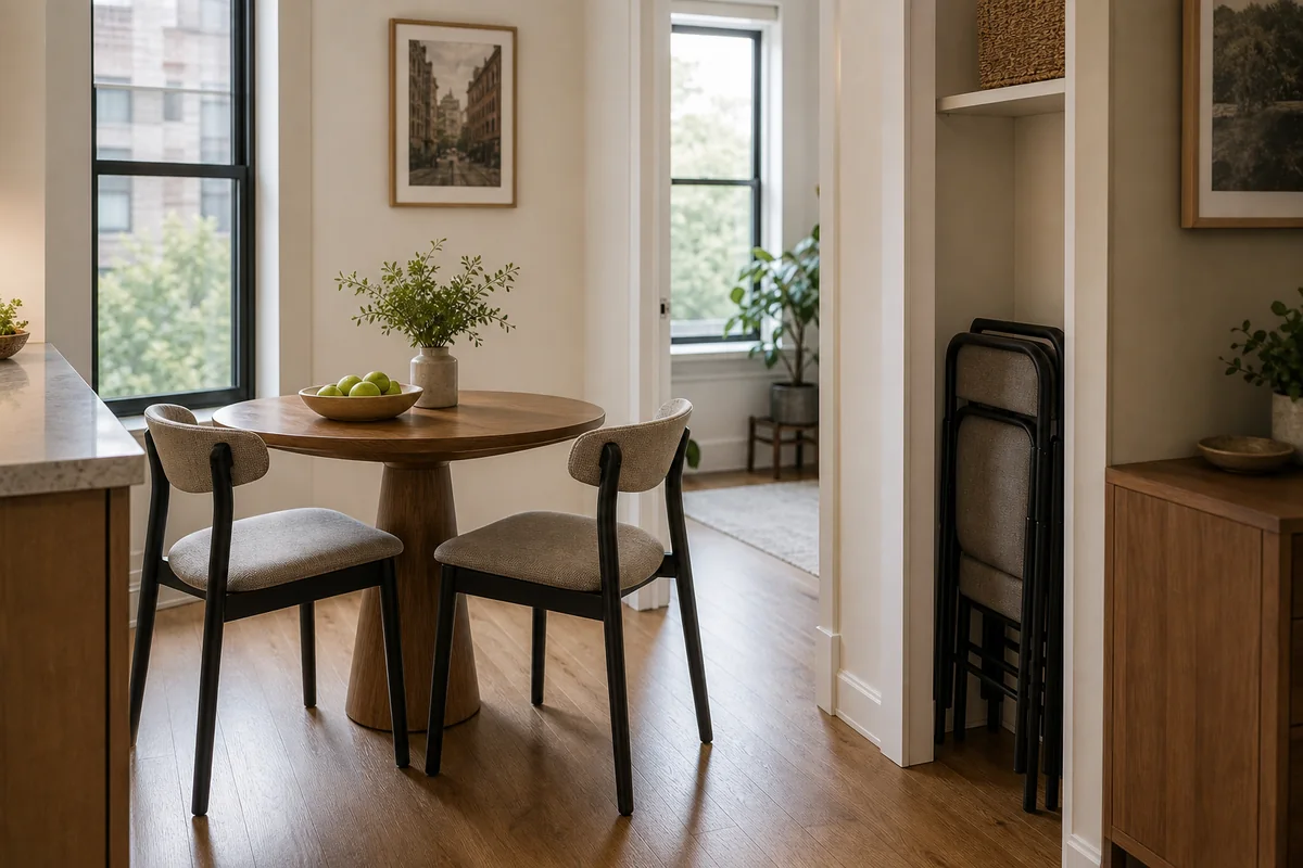 Compact dining area with stackable chairs stored neatly near the table.
