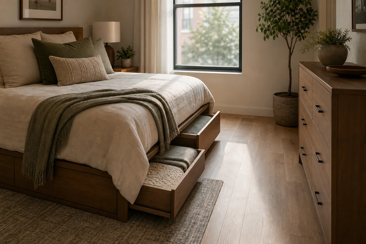 Compact bedroom with a storage bed that has enough clearance for the drawers to open.