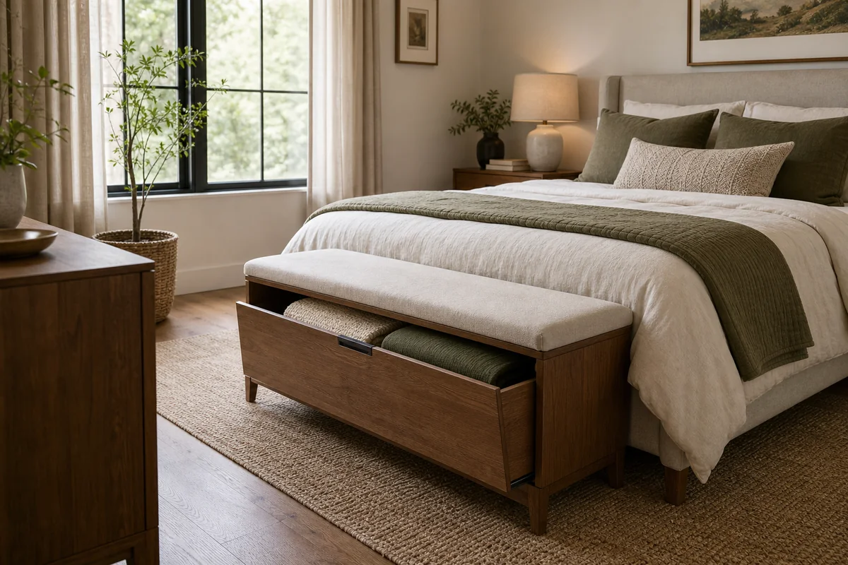 Small bedroom with a hidden storage bench at the foot of the bed and room to walk around it.