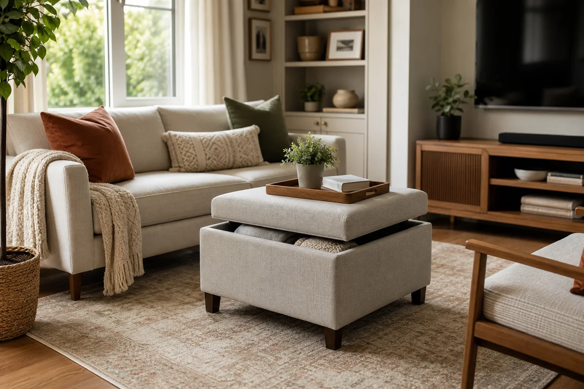 Small living room with a storage ottoman used instead of a solid coffee table.