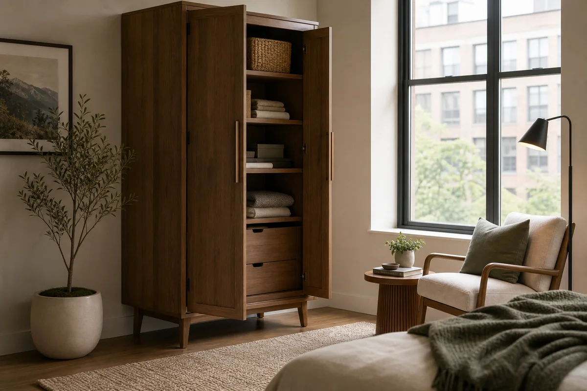Tall closed storage cabinet used in a compact home instead of several shorter storage pieces.