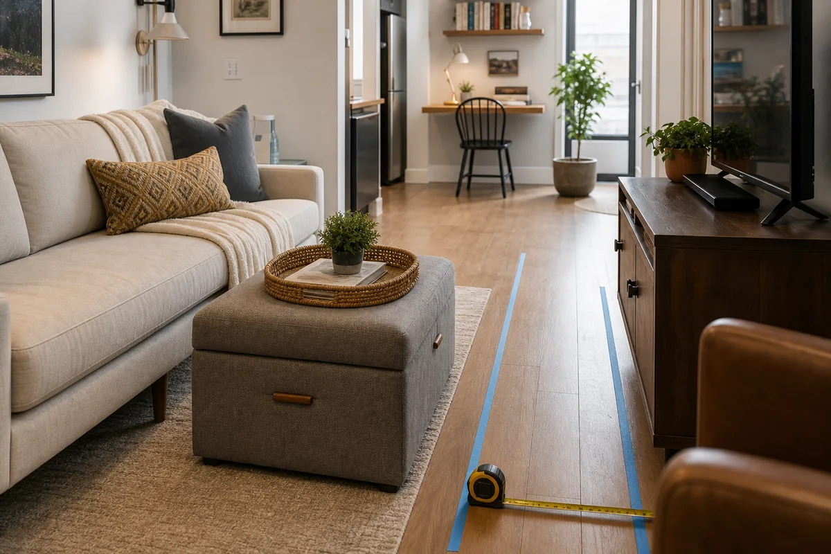 Small room furniture layout with open walkway clearance around multi-use pieces.