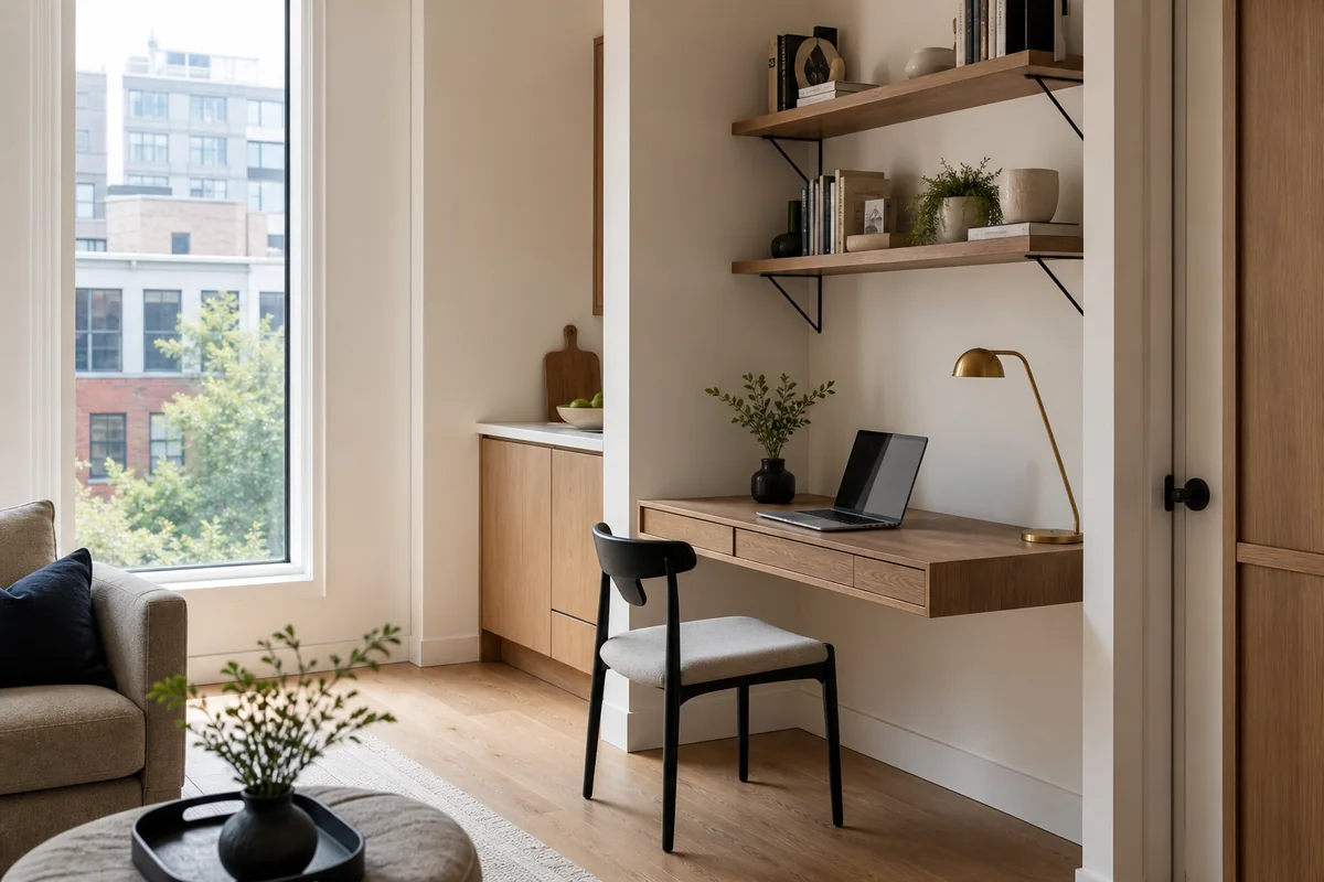 Apartment work corner with a shallow wall-mounted desk and compact chair.