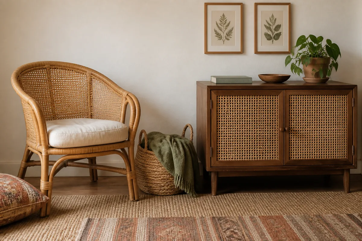 A medium straight-on shot of two woven core furniture pieces in a boho living room — left: a curved-back natural rattan armchair with cream cushion; right: a warm-walnut sideboard with two cane-fronted cabinet doors clearly showing woven cane pattern; between them a woven seagrass basket holding a folded olive throw; two small framed botanical prints above the sideboard; a layered tribal-stripe rug on the floor