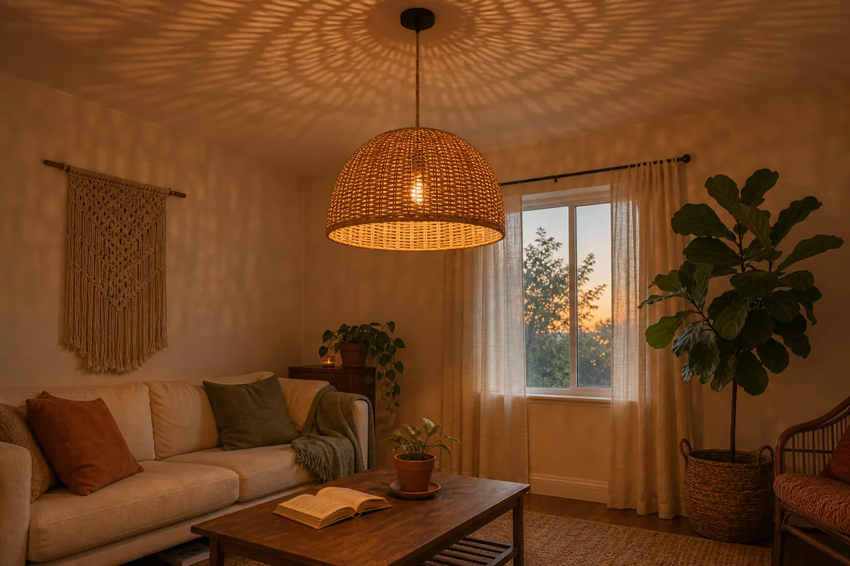A wide-medium shot of the boho living room at dusk looking slightly up toward the ceiling — a large generic woven rattan dome pendant (roughly 22 inches diameter) suspended from a visible fabric-wrapped cord descending from a matte black ceiling canopy; a warm 2700K bulb inside the pendant projects a clear warm patterned shadow of the rattan weave onto the cream ceiling and upper walls; below the pendant is a low warm-walnut coffee table with an open book and a small terracotta pot; to the left a cream sofa with two earth-tone cushions and a folded throw; to the right a tall fiddle leaf fig in a woven seagrass basket; in the background a window with the last warm dusk light filtering through cream linen curtains; a small macramé piece hangs on the back wall