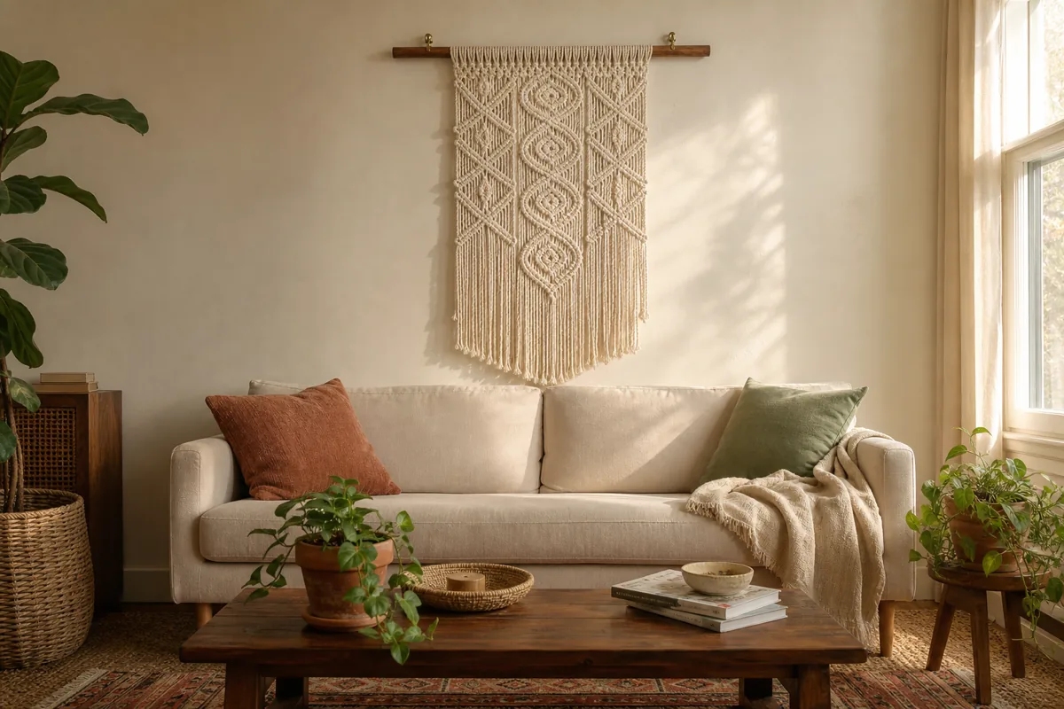 A cream slim sofa against a soft cream wall with one large statement macramé wall hanging above it — natural cotton, spiral and geometric knotwork in a vertical column with bottom fringe, suspended from a visible warm-walnut dowel rod; two earth-tone cushions (rust and sage) on the sofa; a cream linen throw folded over the right arm; a low walnut coffee table in the foreground with a small terracotta pot, a stack of books, and a small woven bowl; tall plant on the left, smaller plant on the right