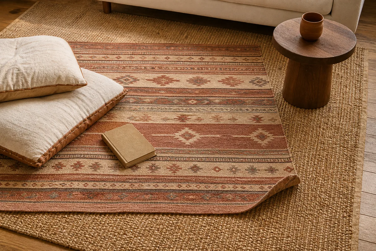 A floor-down view of a layered rug arrangement — bottom layer is a natural jute area rug with visible woven fiber texture covering most of the frame, top layer is a smaller vintage tribal-stripe kilim in muted terracotta, rust, and cream stacked centered on top of the jute, with the jute's natural border visible on three sides; a cream linen cushion on the kilim at top-left, a small leather-bound book lying on the kilim, a warm-walnut side table at the right edge