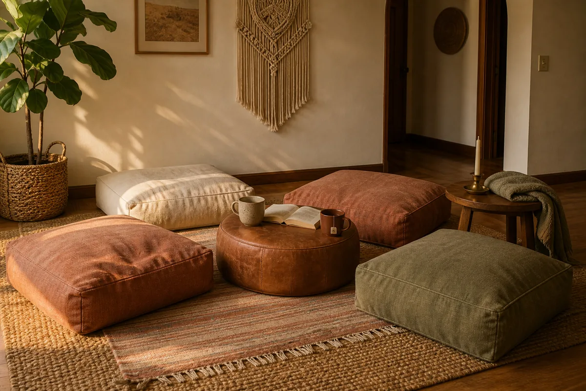A slightly elevated camera angle of a corner of a boho living room arranged as a floor-level lounge zone — four large structured boxy floor cushions in terracotta, cream, sage, and dusty rust linen sit clustered on a layered rug arrangement; in the center, a round caramel-leather pouf holds two ceramic mugs and an open book; a tall plant in a seagrass basket back-left; a small wooden side table at the right edge with a folded throw; warm late-afternoon golden-hour side light from a window out of frame