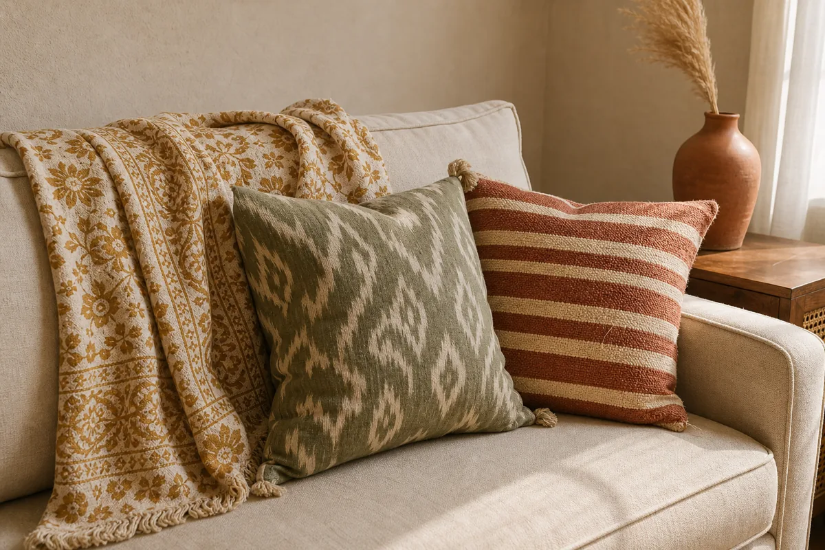 A close-medium shot of one corner of a cream linen sofa styled with three distinct textile patterns — an ochre-and-cream block-print throw blanket draped across the sofa back, a sage-green ikat cushion in the inside-left corner with soft-edged resist-dye pattern, a rust-and-cream horizontal stripe cushion in the inside-right corner; a small terracotta vase with a single dried pampas stalk on a low side table behind