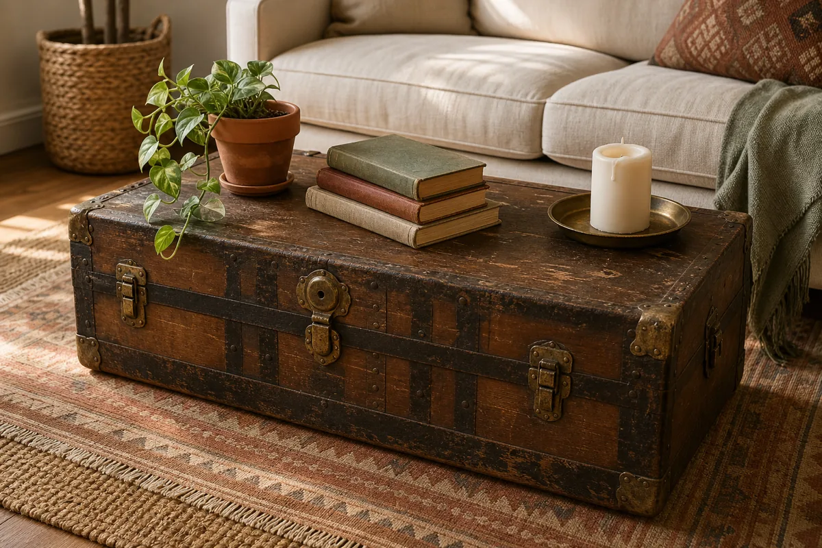 A medium slightly-low-angle shot of a vintage 1900s-era American steamer trunk used as a coffee table — warm dark wood top with visible scratches, dark patina'd leather straps wrapping around the body, tarnished brass corner protectors and brass latch hardware visibly aged with patina; on top: a stack of three hardcover books with worn cloth covers, a small terracotta pot with a trailing pothos cutting, a small brass tray with a single white pillar candle; a glimpse of a cream sofa cushion and a jute rug edge visible at the frame edges