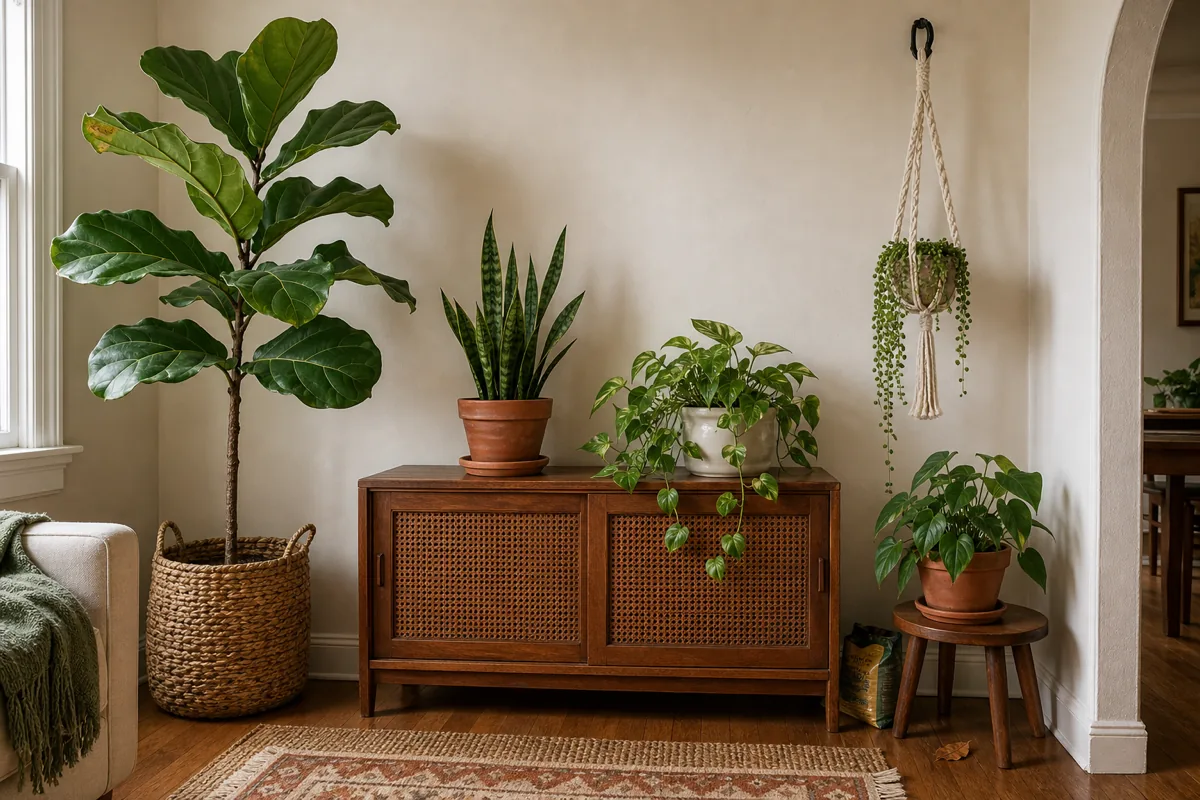 A wide-medium corner shot of a plant cluster arranged at three distinct heights — at floor level, a tall fiddle leaf fig (about 5 feet) in a woven seagrass basket on the left; on a dark warm-walnut sideboard along the back wall at mid-height, a snake plant in a terracotta pot, a pothos trailing from a cream ceramic pot, and a smaller trailing plant in a matte cup; at ceiling height in the upper-right corner, a macramé plant hanger suspended from a visible matte black ceiling hook holds a small trailing succulent draping down; a small philodendron in a terracotta pot on a wooden stool at the right-near floor; cream walls behind